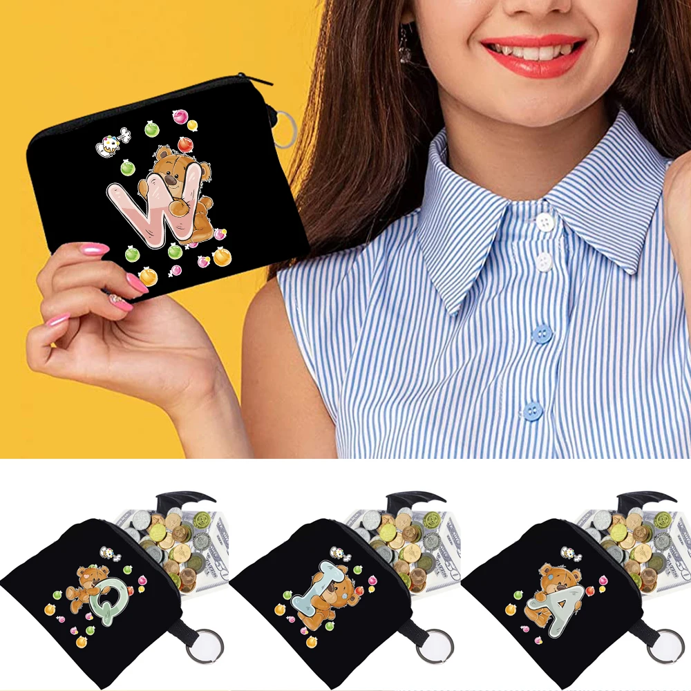 Portable Ladies Bag Mini Wallet Coin Purse Card Holder Cute Bear Letter Print Collection Canvas Unisex Key Case Cosmetic Bags
