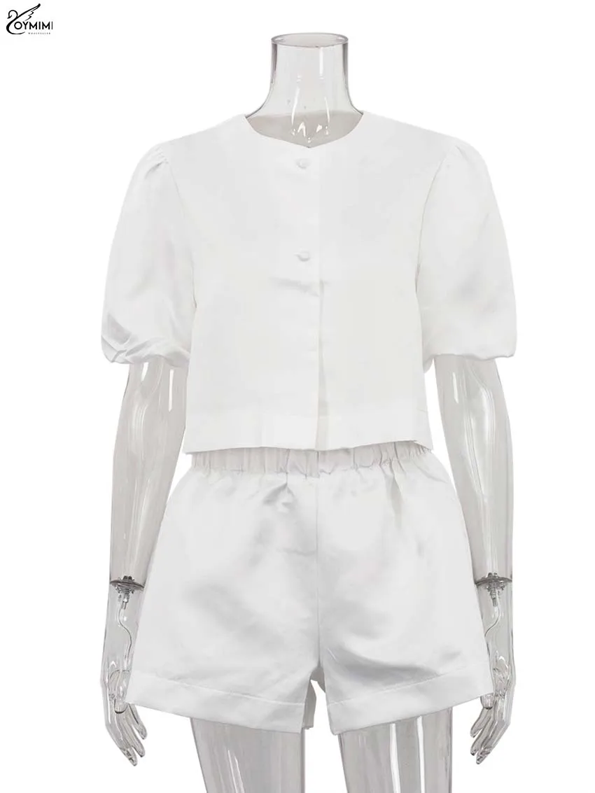 Oymimi أنيقة الساتان الأبيض 2 قطعة مجموعات امرأة الزي موضة س الرقبة قصيرة الأكمام زر القمصان و عالية الخصر مجموعة السراويل البسيطة #5