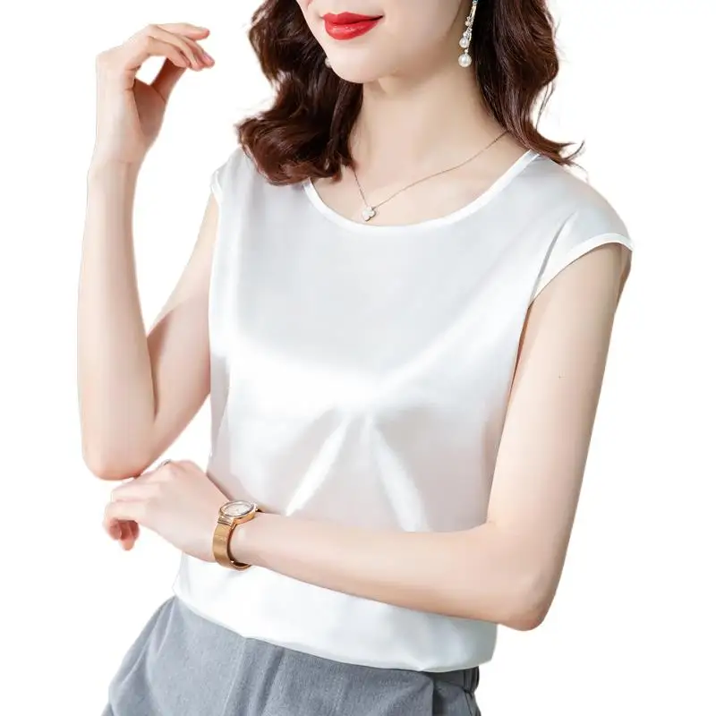 Brand Women O-Neck Silk Satin Shirt 2024 Summer New Casual Short-Sleeve Elegant Ladies White Black Acetate satin blouse Tops