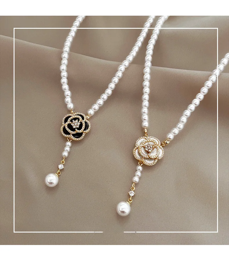 Fashion Beautiful Camellia Rose Pearl Necklace Exquisite Craft Personality Creative Pendant Family Gift