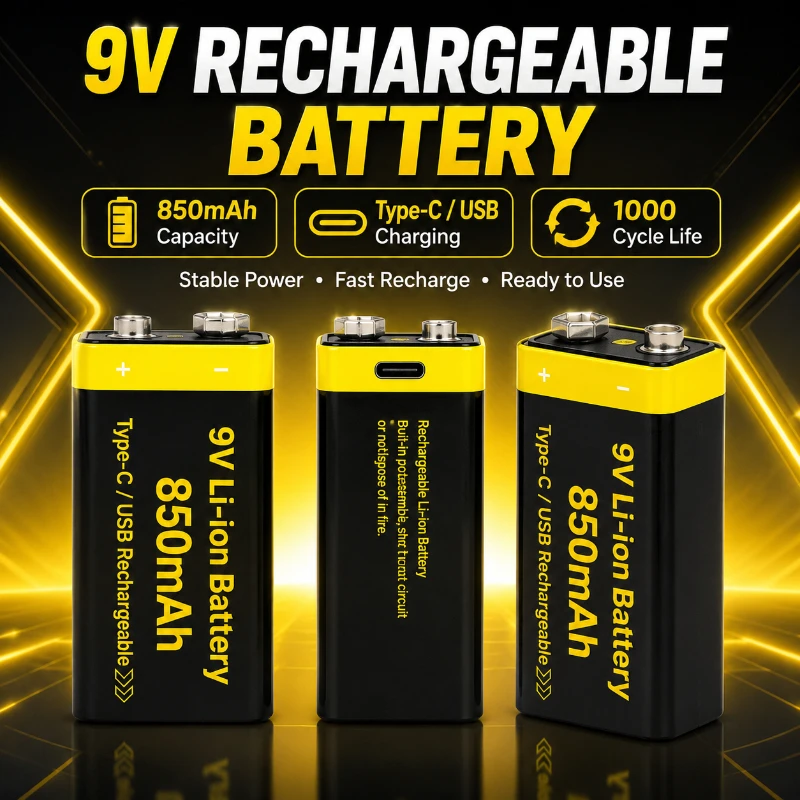9V 850mAh Rechargeable Battery Square Multimeter Medical Instrument Type C Charging Port Microphone USB Lithium Battery