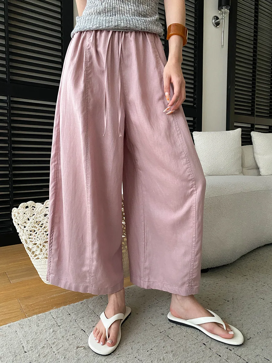 Sommerliche High-Waist-Hose mit weitem Bein für Damen, lässige, einfarbige, locker sitzende Hose – Detail 34