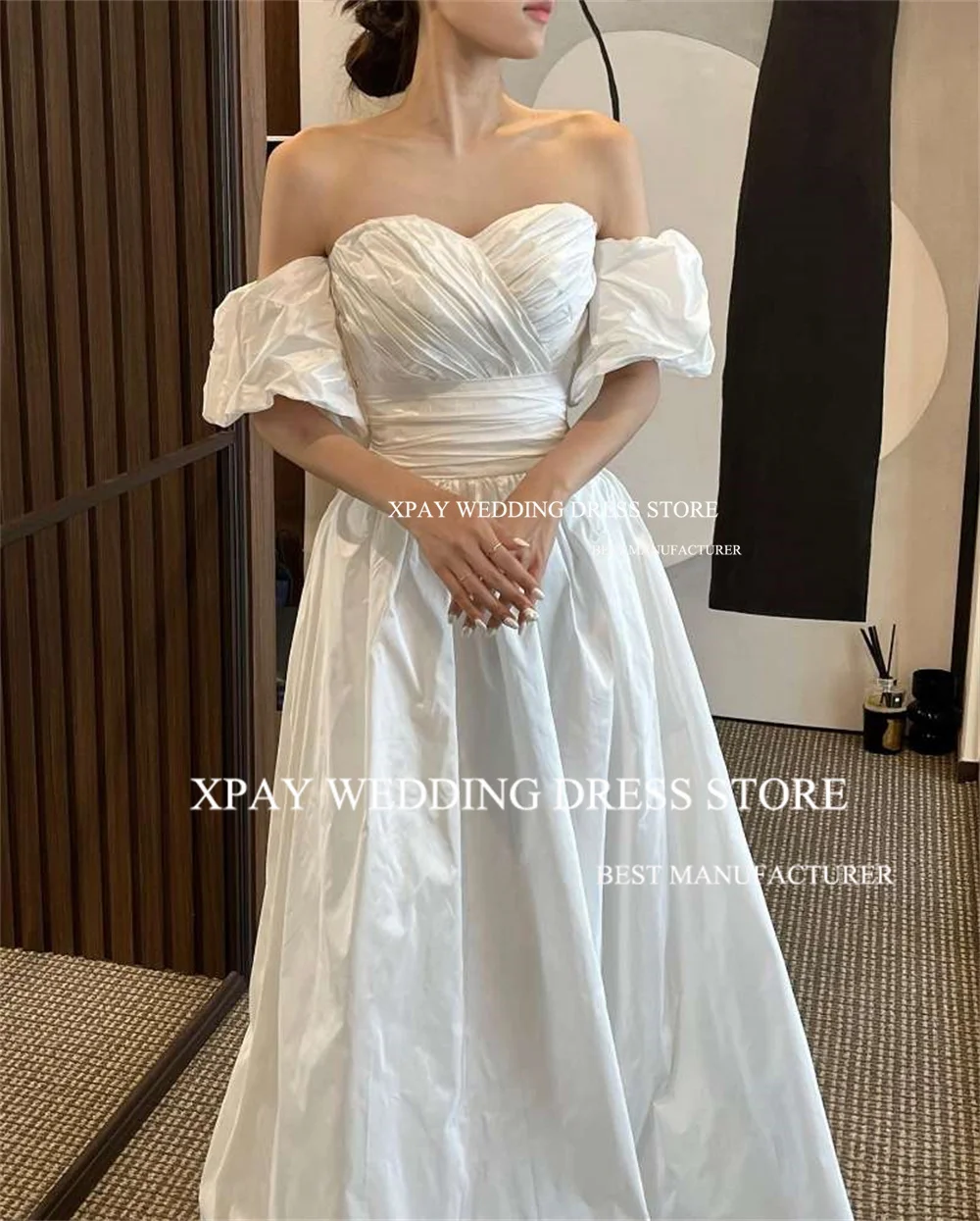 Xpay querida uma linha coreia vestidos de casamento personalizado tafetá plissados espartilho voltar vestidos de noiva manga curta lanterna vestido