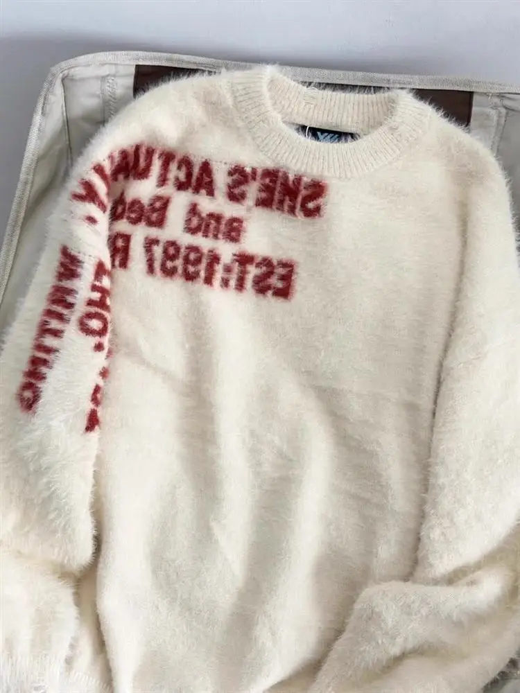 

Retro American Soft Mink Letter Men's Sweater Autumn Winter Warm Lazy Sle Camere Knitted Coat Outerwear Long Sve round...