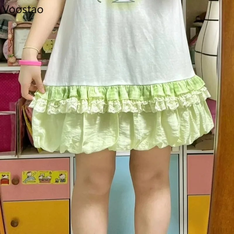 Vintage Süße Lolita Stil Kleid Frauen Japanische Kawaii Spitze Rüschen Party Mini Kleider Koreanische Nette Print Puff Sleeve Fee Kleid