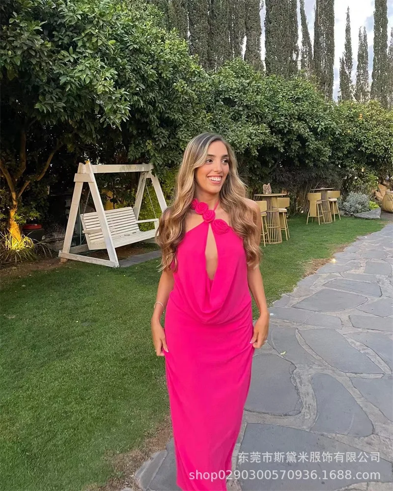 

Rose Red Women's Prom Dress Sexy Halter Neck Sleeveless 3D Flower Formal Casual Beach Holiday Sheath Slim Long Party Gown Robe