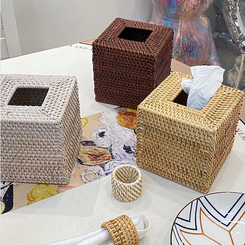 Rattan Square Tissue Cover Holder, Tissue Organizer Box, Tissue Cube, Decoration, House, Office, Car, Hotel