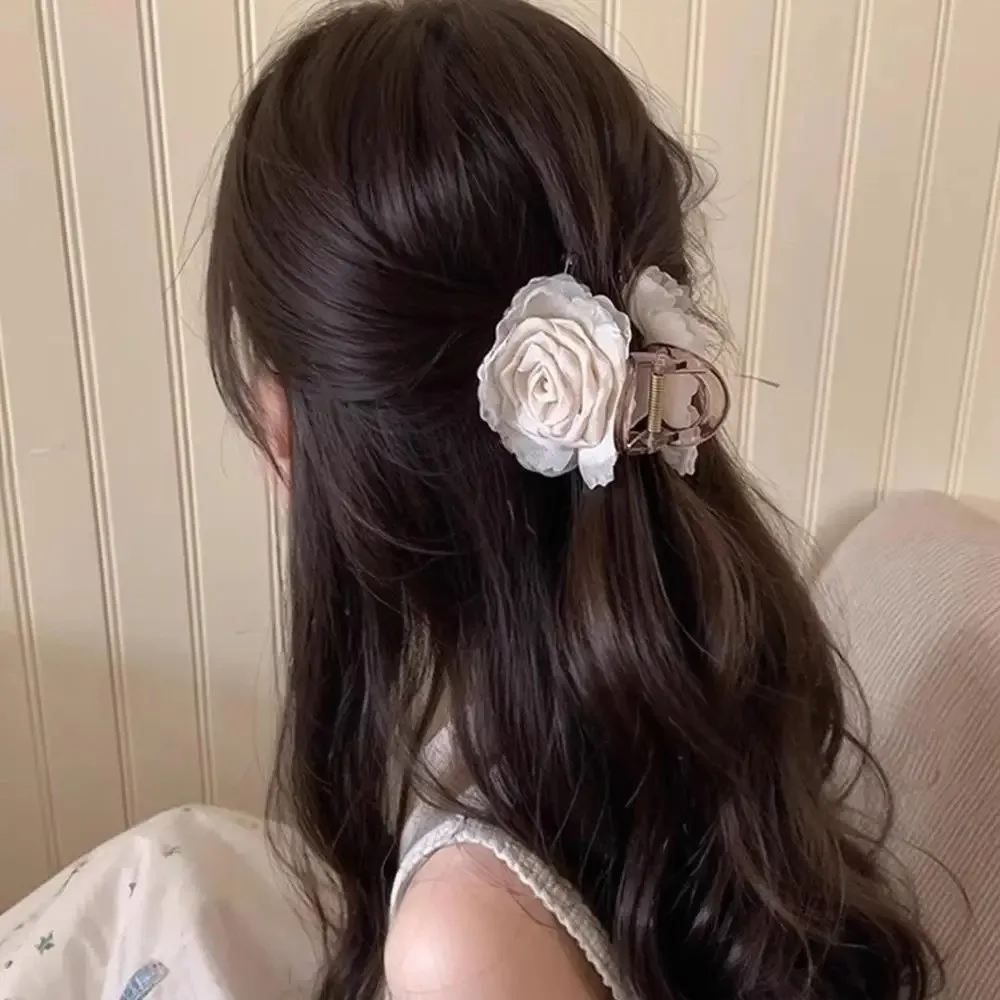 

Elegant Rose Flower Hair Clip Double-Sided Mesh Hair Claw Half-Up Floral Hairpin Hair Accessories