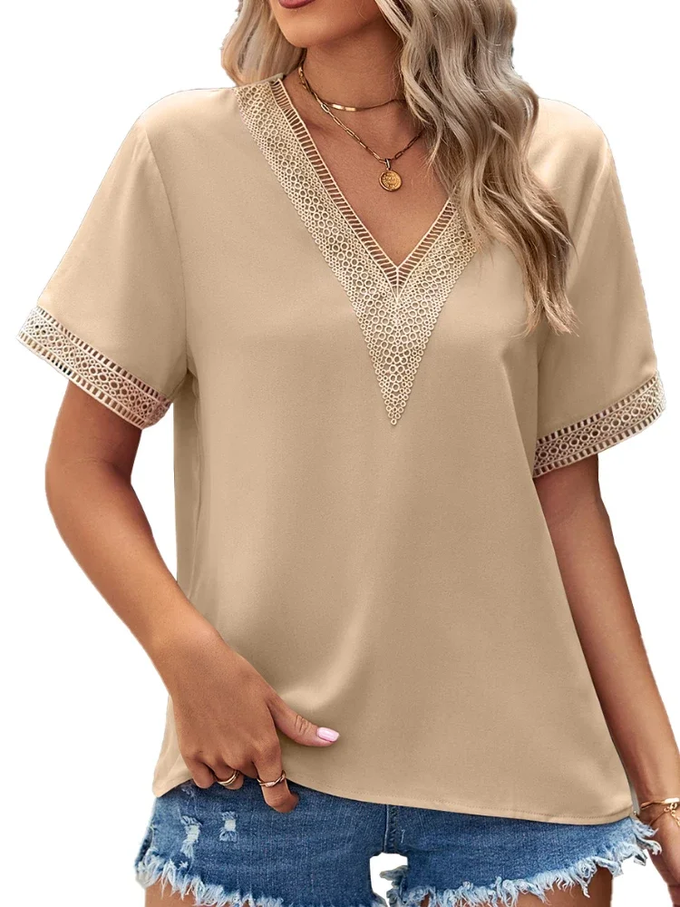 Women's Short Sleeve Chiffon T Shirt, V Neck Tops, Monochromatic