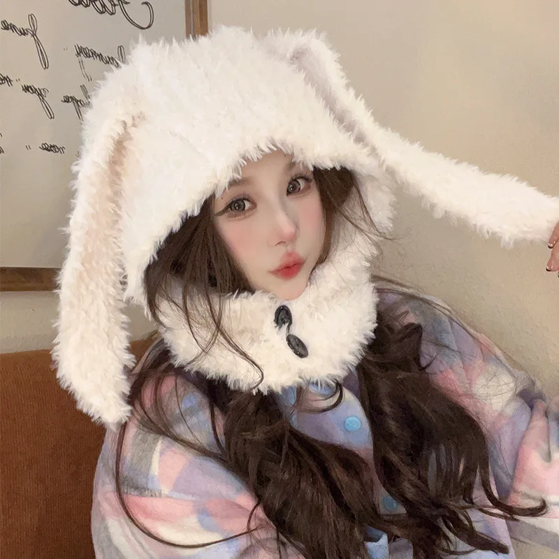 Women Y2K Long Rabbit Ear Plush Hat Fluffy Fur Ear Protection Knit Warm Balaclava Cap JK Korean Girl Pullover Skullcaps Bonnet