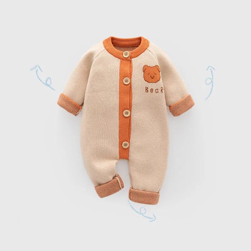 Spring Autumn Ins 0-2 Year Newborn Boy Onesies Knitted Cartoon Bear Letter Baby Boys Jumpsuit Patched Cotton Infant Boy Bodysuit