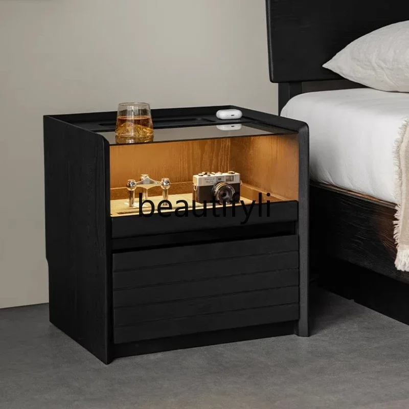 

Bedside table black smart wireless charging household bedroom bedside solid wood with lamp locker