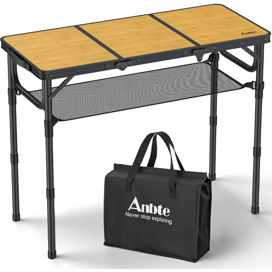 3ft Foldable Camping Table with Integrated Storage Net and Carry Bag 3 Adjustable Heights up to 27.5 Lightweight Aluminum Frame