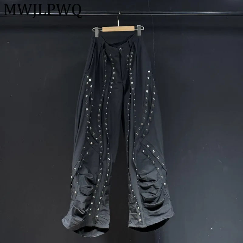 

MWJLPWQ Punk Style Black Rivet Lace-Up Wide-Leg Trousers For Men And Women Pleated Design Spring Autumn Loose Casual Pants 16291