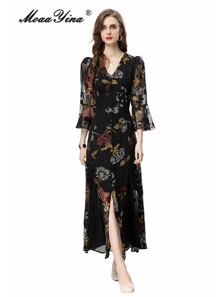 

MoaaYina Summer Fashion Designer High Quality Women Dress Vintage Floral Print Button Flare Sleeve Split Temperament Dresses