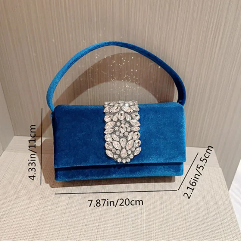 Autumn Winter New Handbags Retro Velvet Blue Black Evening Bag Clutch Handle Handbag For Women Dinner Party Rhinestone Clutches