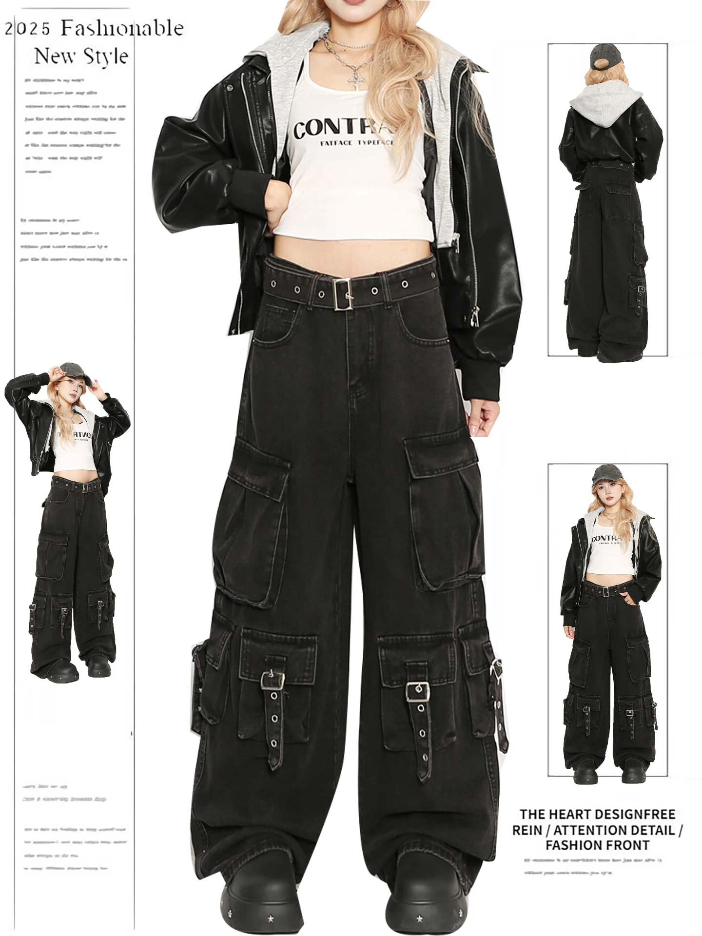 

Retro American Bla Workwear Jeans Women's Heavy Waed Loose Slim Wide Leg Pants Casual High Waist Denim Casual Faion