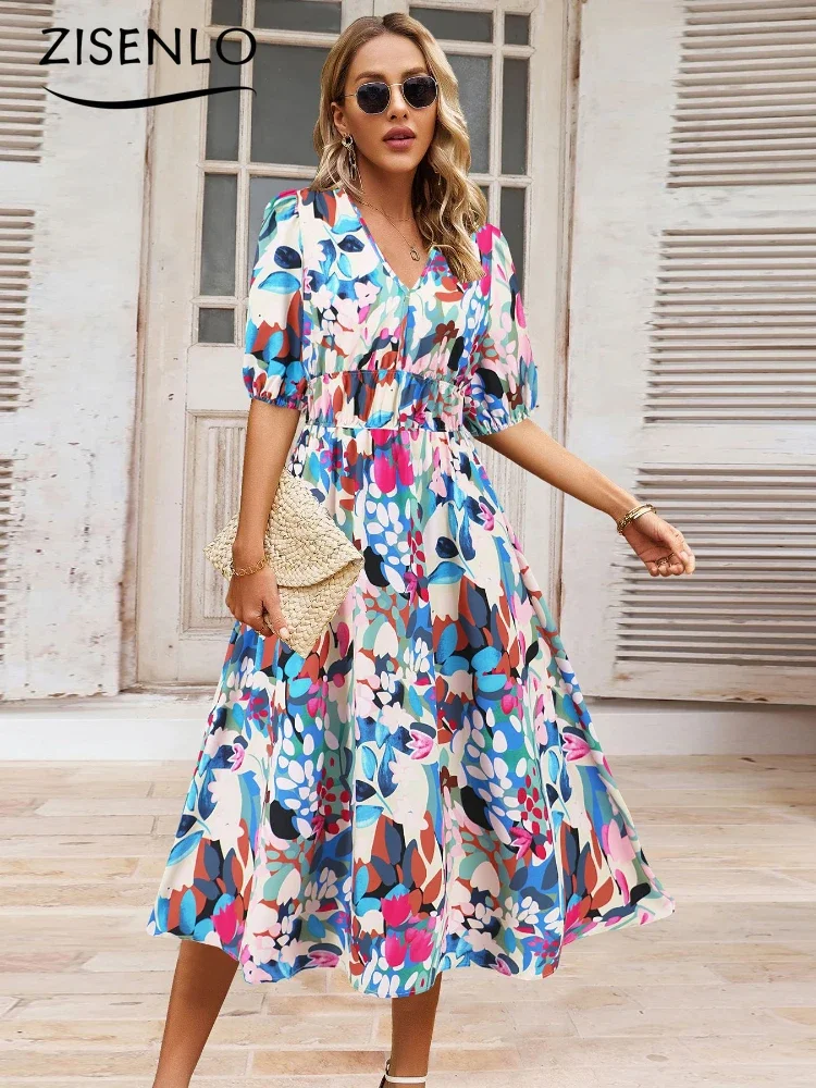 

Elegant Womens Dresses Fashion Summer Dresses 2024 V-neck Bohemian Printed Dress A-line Dress Printed Dresses Beachwear Vestidos