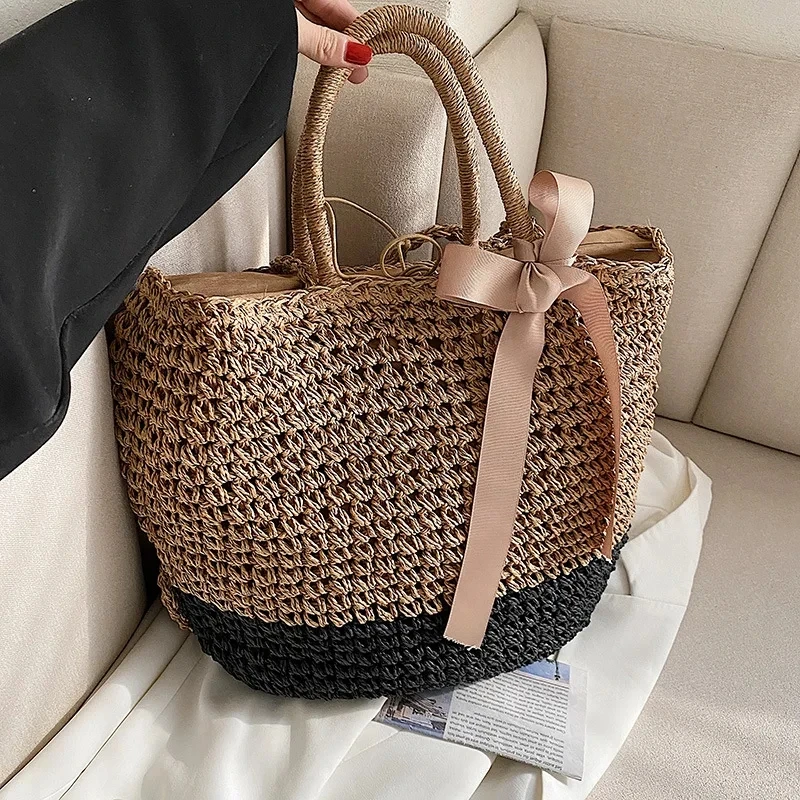 Summer Female Travel Beach Bag Bow Decors Bucket Shoulder Bags Handmade Straw Hollow out Bag Vintage Handbags Bolsa