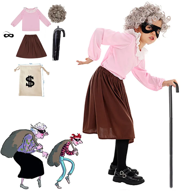 Kid's Gangsta Granny Costume Book Week Cosplay Child Old Lady Dress Fancy Dress Halloween Cosplay Girls Burglar Granny Costume