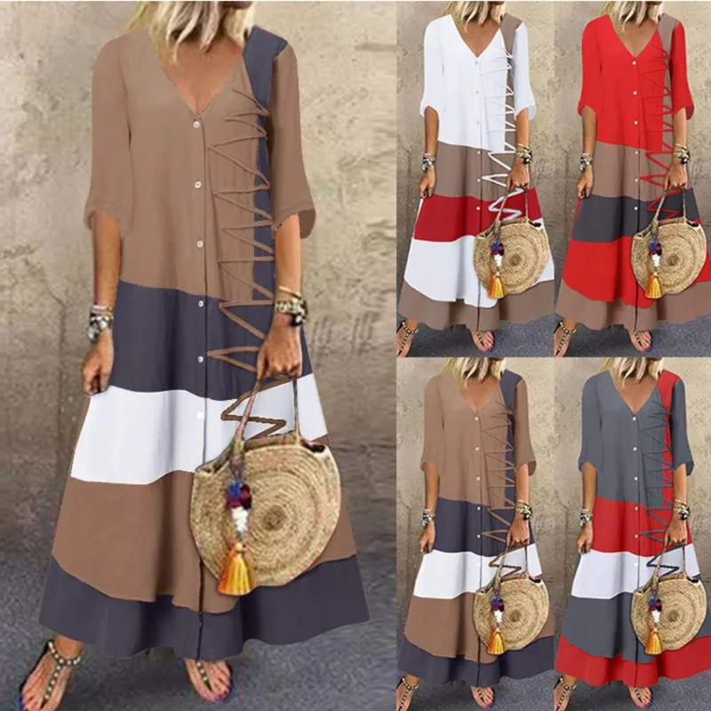 

Latest Summer Fashion V Neck Short Sleeve Floral Print Long Button Down Dress Casual Boho Chic Maxi Sundress For Women