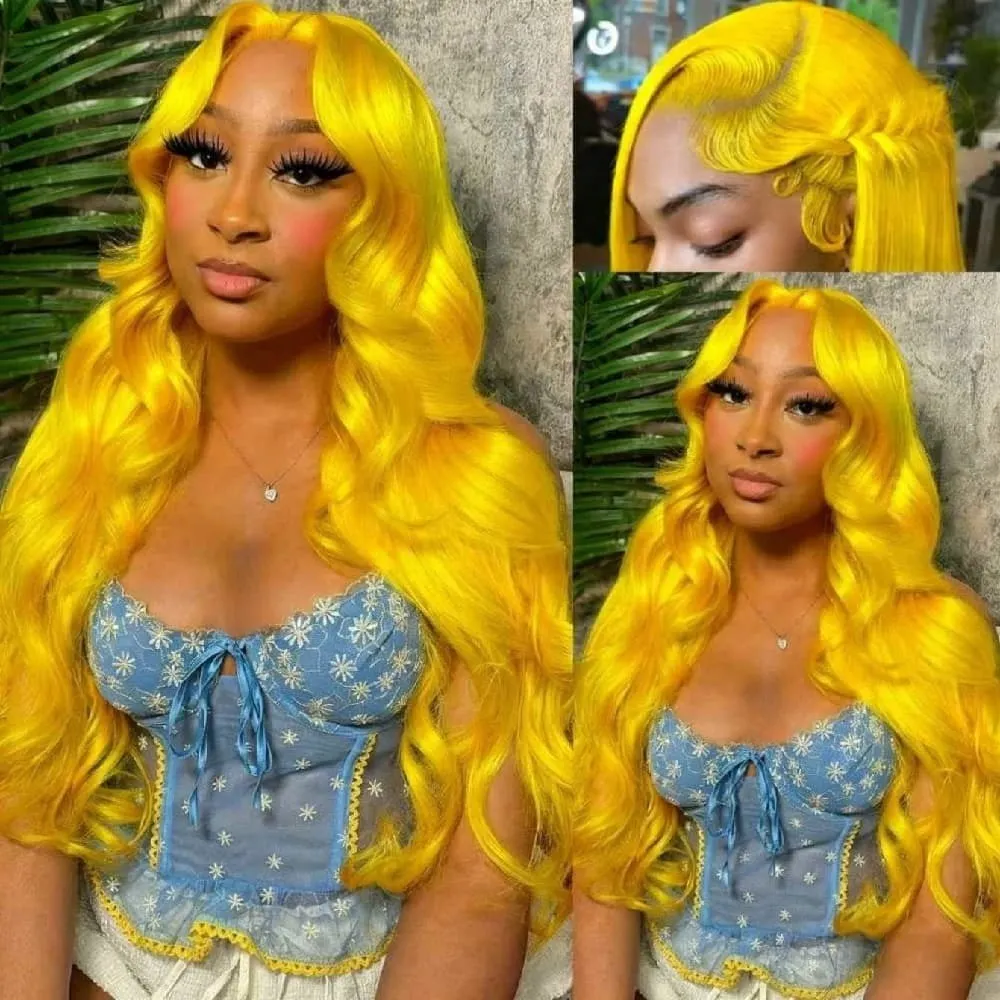 

Желтый парик с волнистыми локонами и кружевной передней частью из натуральных волос для повседневного использования, 13x4 HD кружевной парик из натуральных волос, парик из натуральных волос с кружевной передней частью, плотность 200%