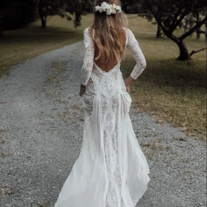 FATAPAESE Customized Boho Lace Wedding Dress Straight Boat Neck 7/8Length Sleeve Embroidery Low Sexy V-Back Bohemian Bridal Gown