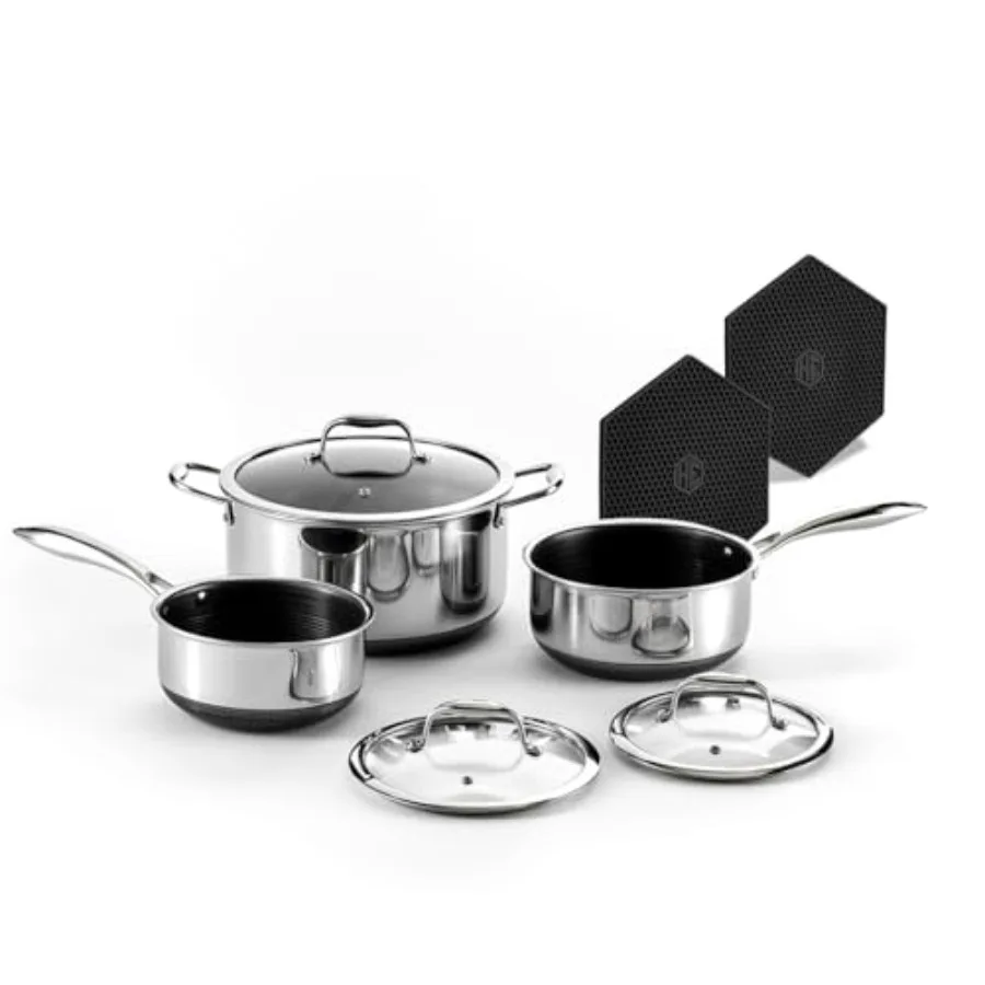 

Hybrid Nonstick 6Piece Pot Set with 2 Silicone Trivets for Home Cooking and Meal Prep Includes 2 3 and 8Quart Pots with Tempere