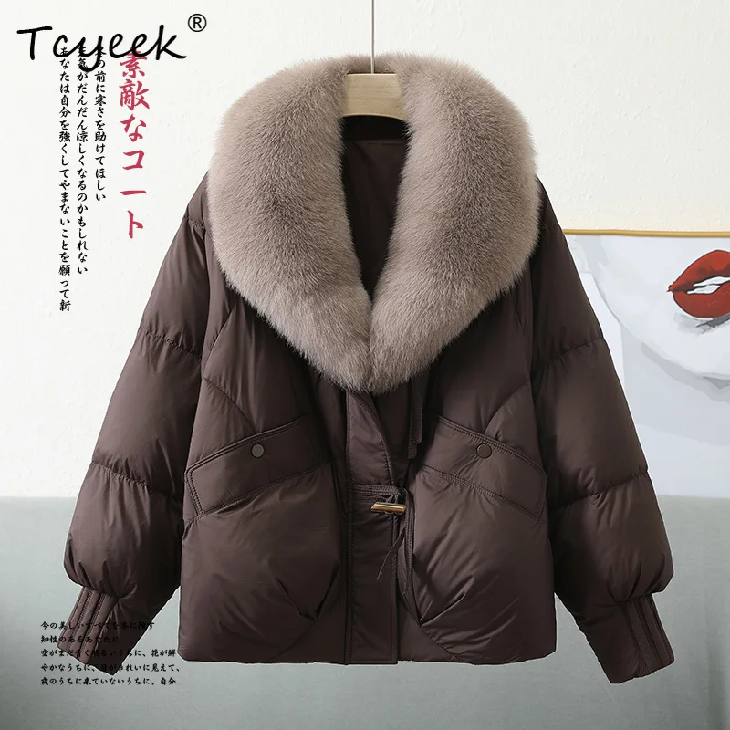 Tcyeek الخريف الشتاء النسخة الكورية الراقية العصرية الخامس الرقبة انفصال الثعلب الفراء المرأة الأبيض أوزة أسفل معطف الفرو Veste فام