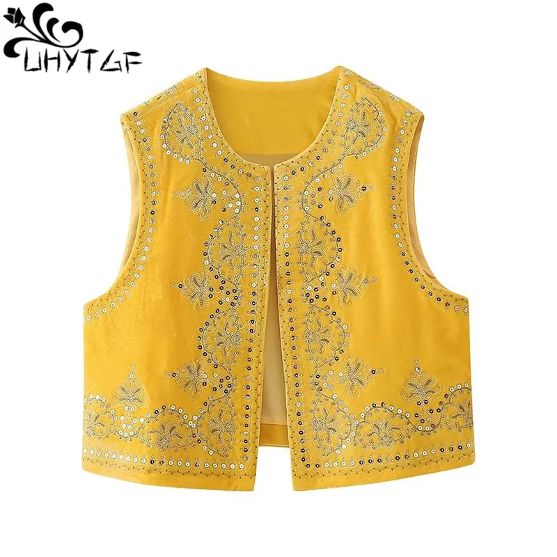 

Vintage O Neck Sequins Flower Embroidery Short Vest Jacket Women Sleeveless Casual Fashion Thin WaistCoat Tops Ladies 2962
