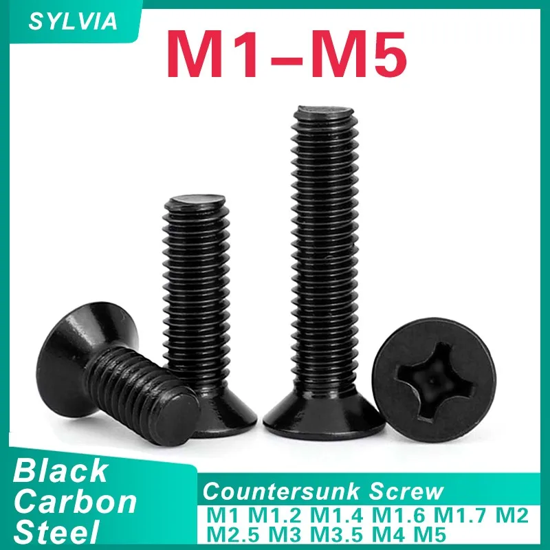 

500/ 200/ 100/ 50/ 20pcs M1 M1.2 M1.4 M1.6 M2 M2.5 M3 M3.5 M4 M5 Small Black Steel Cross Phillips Flat Countersunk Head Screw