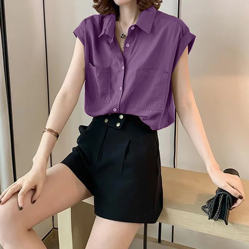 Simplicity All-match Turn-down Collar Solid Color Women\'s Shirt Summer Korean Loose Sleeveless Button Blouse Female Clothing