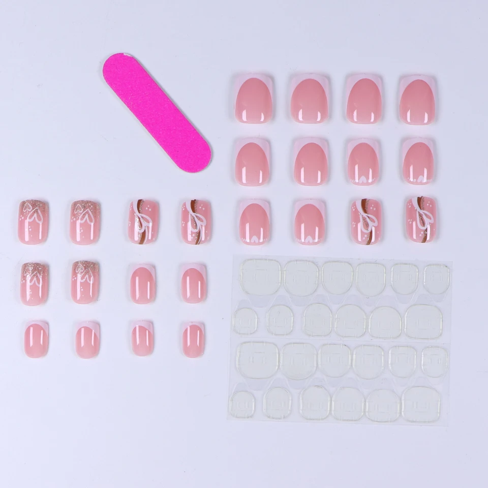 24 uñas postizas cortas cuadradas rosa nude, con líneas doradas y diseño de amor, set de uñas de cobertura completa, incluye 1 lima y 1 adhesivo de pegamento 3