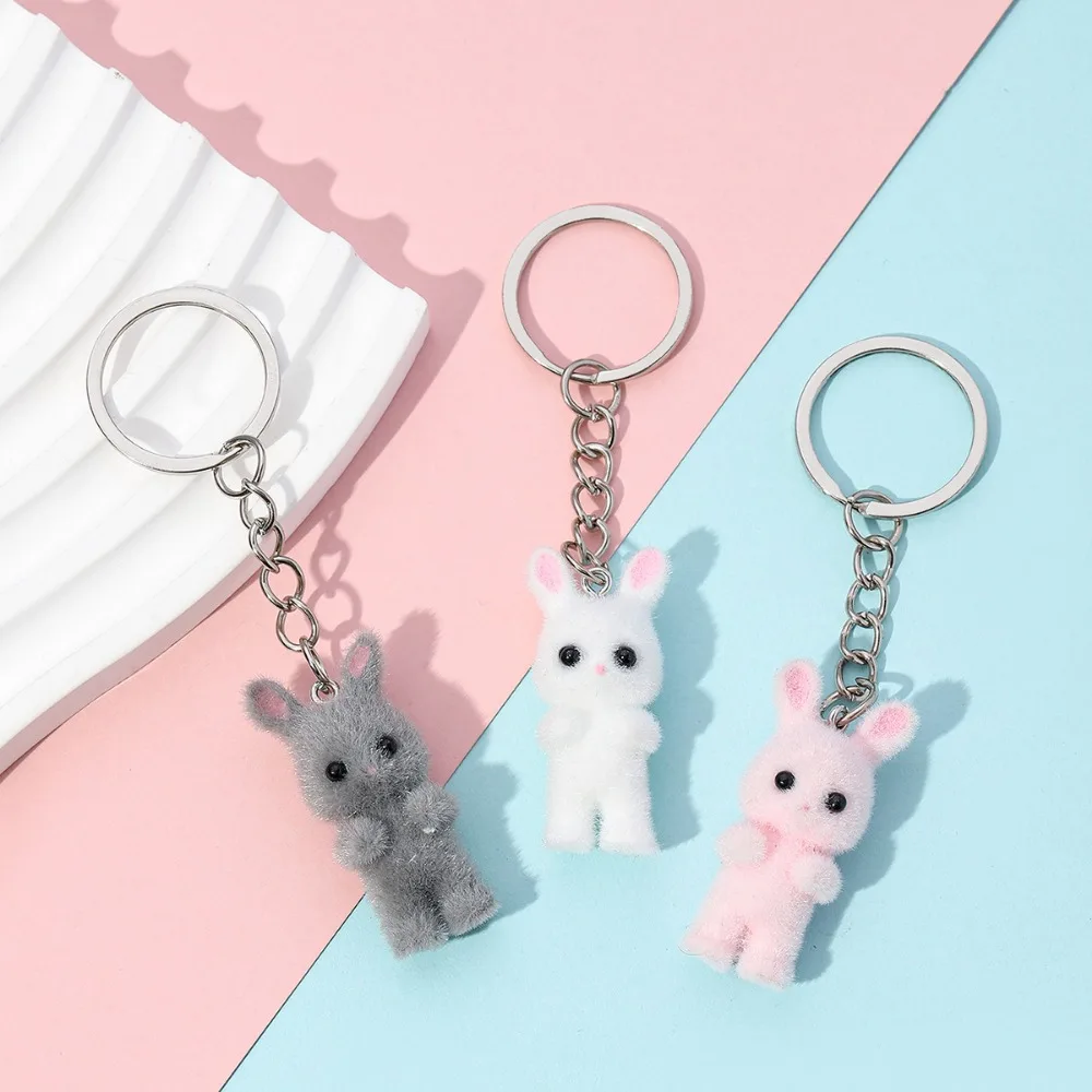 Resin Flocking Cute Three-dimensional Rabbit Fluff Couple Keychain for Women Men Pendant Car Key Chain Bag Key Ring Accessories