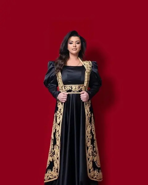 Vestidos de baile de fin de curso tradicionales de Albania, con chaqueta de capa larga, aplique de encaje negro dorado árabe Dubai, bata de noche