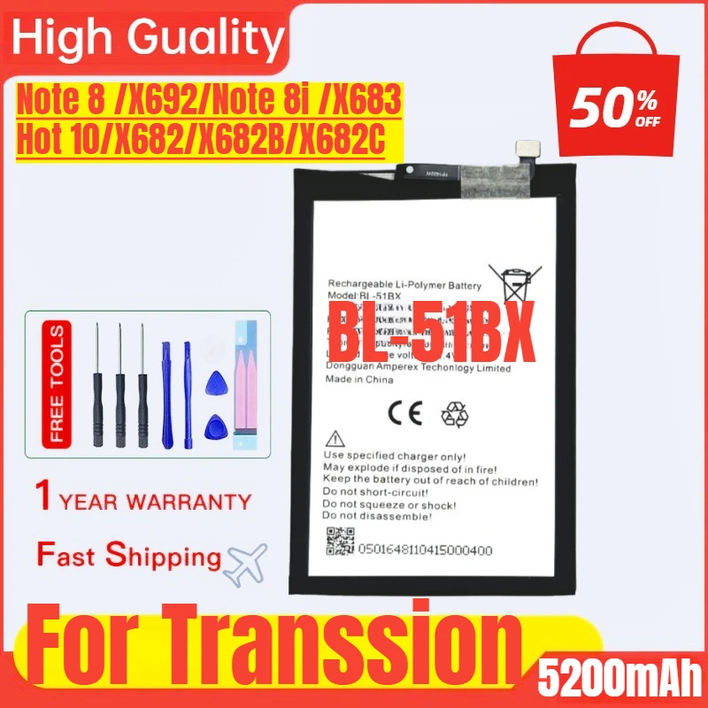 

BL-51BX for TECNO Transsion Note 8 /X692/Note 8i /X683/Hot 10/X682/X682B/X682C Mobile Phone Battery Replacement Bateria