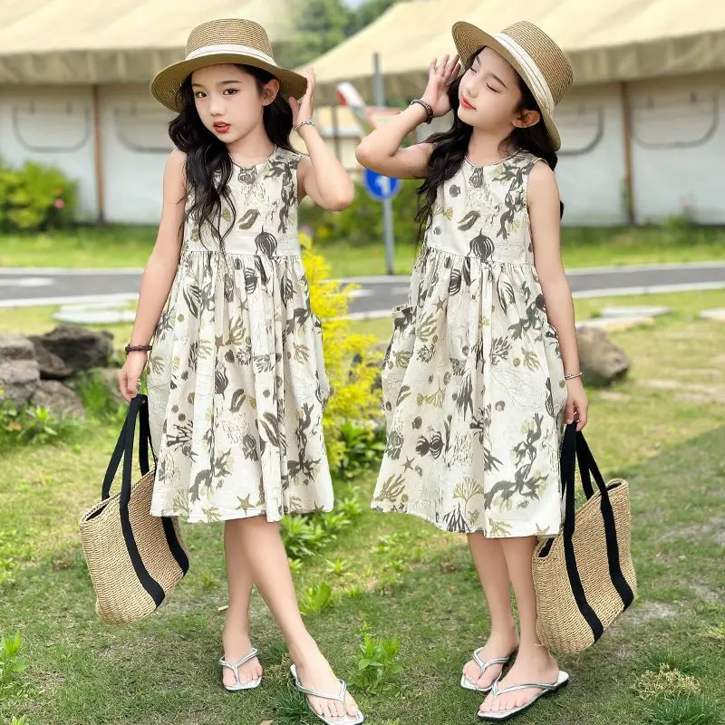 2026 Summer Girls Elegant New Children Casual Princess Teenager chiffon floral leaf sleeveles dress 5 6 7 9 10 11 12 13 year