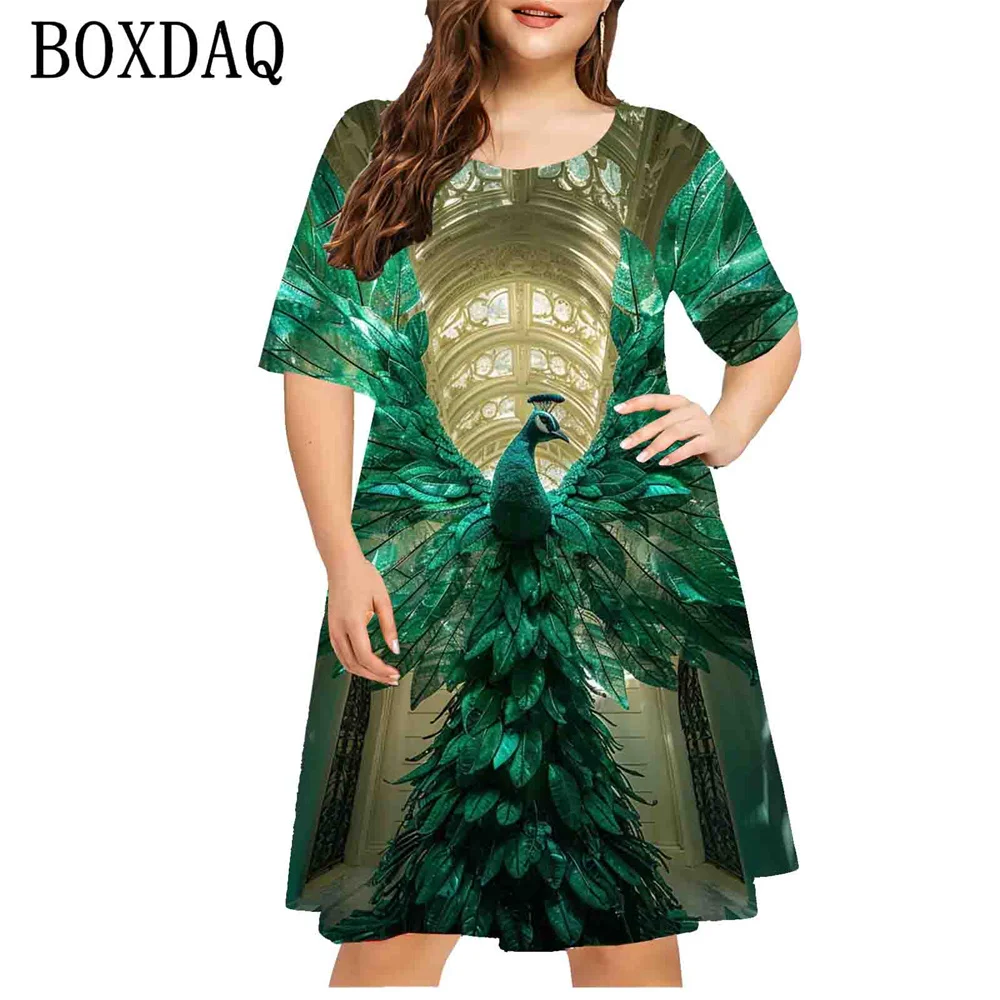 Beautiful 3D Peacock Print Dress Women Plus Size Loose Dress Summer Casual Pullover Ladies Retro Dress Large Sizes Clothing 9XL