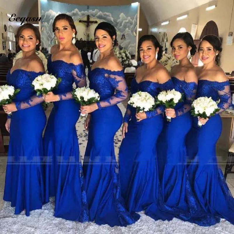 Royal Blue Off the Shoulder Bridesmaid Dresses With Applique Mermaid Long Sleeve Wedding Party Dress Maid Of Honor Customized