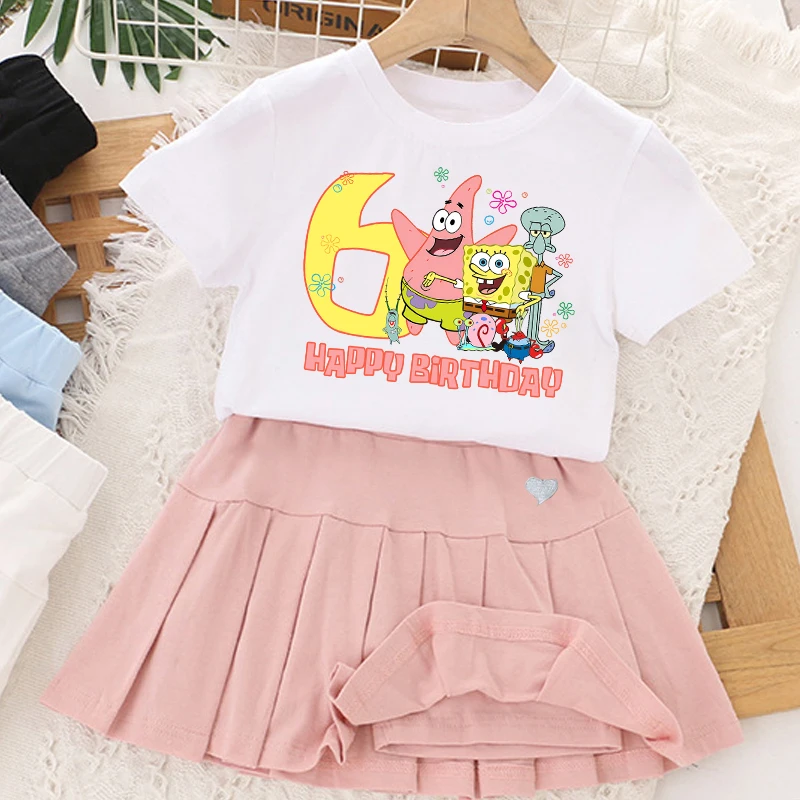 SpongeBob Schwammkopf Mädchen T-Shirt-Kleid Cartoon-Zahlen-Set Niedlicher Anime-Rock Rundhals Digitaldruck-Kleidung Mädchen Geburtstagsgeschenk