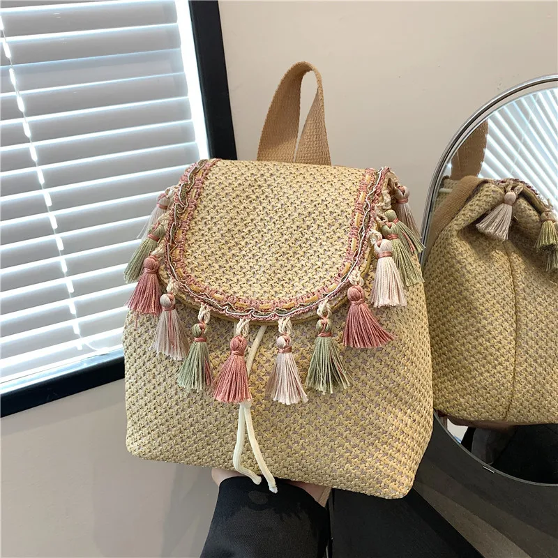 Mochila de ombro de palha feminina com borla, bolsa de praia boho bolsa de couro para meninas mochila de férias para senhoras, verão