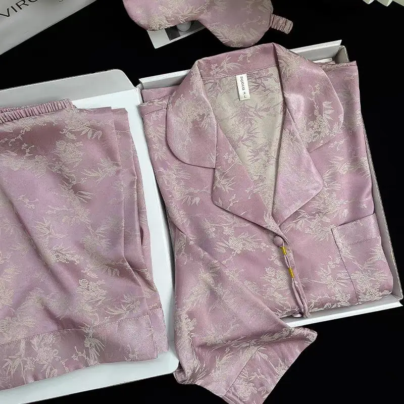 Purple Chinese Style Pajamas Set Sexy Jacquard Bamboo Leaf Home Clothes Ice Silk 2Pcs Top&pants Lady Casual Homewear Nightwear