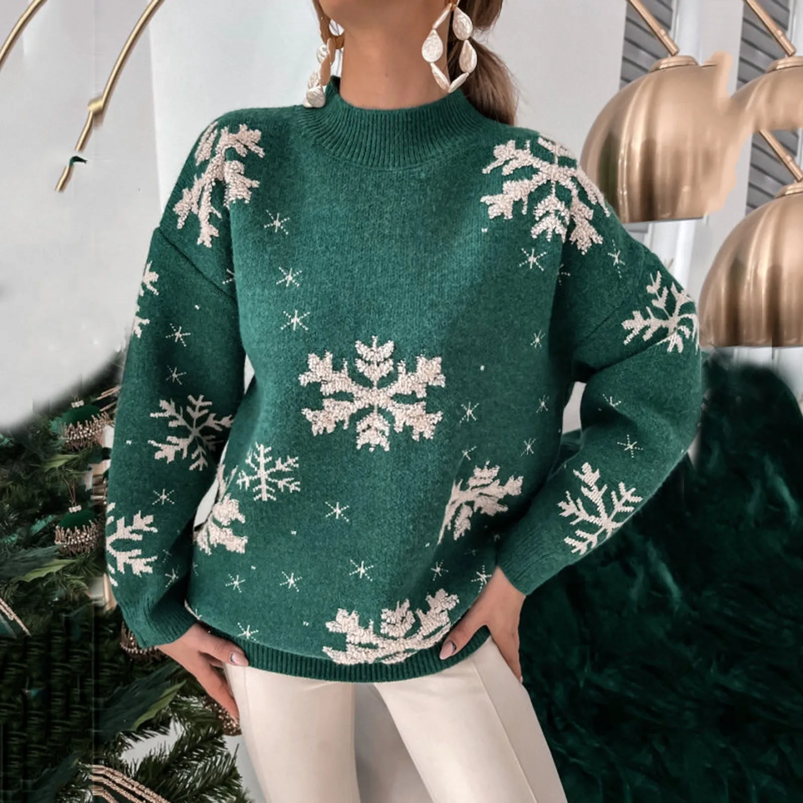 2024 Women\'s Christmas Sweater Snowflake Print Warm Thicken Jumper Casual Loose Oversized Knitwear Long Sleeve O Neck Sweater