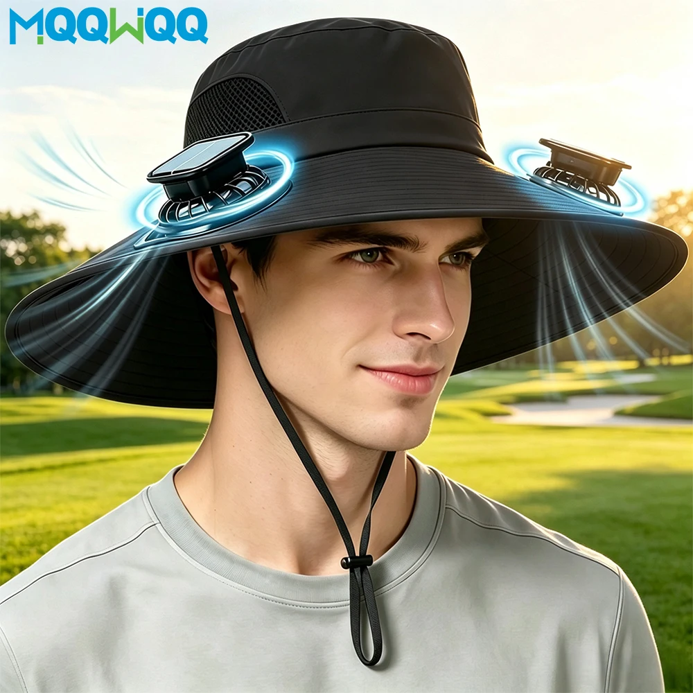 Hat with Fan Wide Edge, Waterproof Solar Powered Fan Hat with 2 Solar Fans 3-Speed Adjustable for Men Women Outdoor Activities