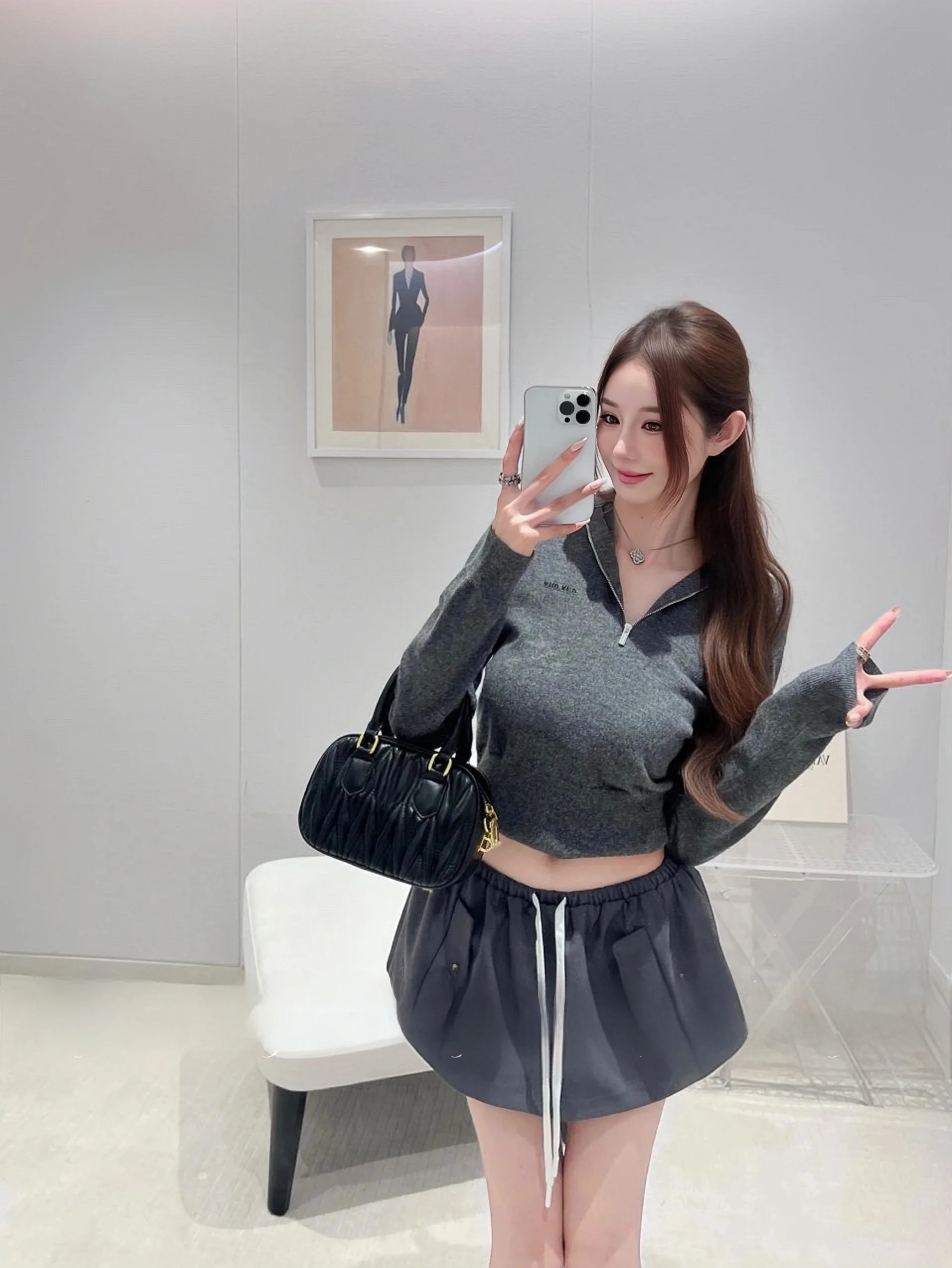 

Универсальная трикотажная куртка с длинными рукавами и молнией, темно-синий воротник, короткая юбка для девушек, HiiLYMU, антивозрастная, Pure Desire