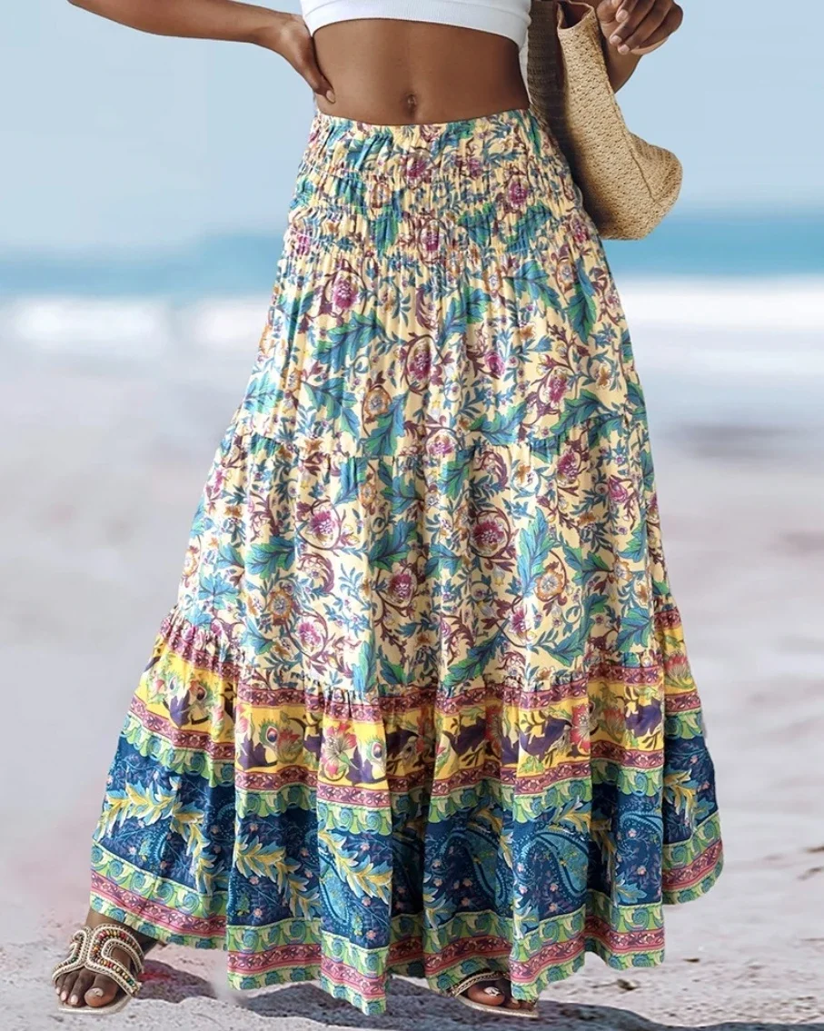 Women Boho Floral Print Tiered Maxi Skirt High Waist Smocked Beach Long Skirt Summer Casual Elastic Waist Flowy Vacation