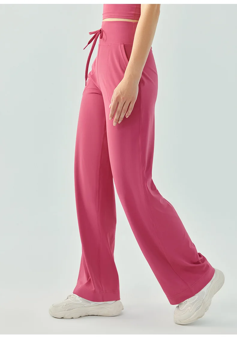 High Waist Women Drawstring Pure Color Long Loose Pocket Pants Breathable Comfortable Fitness Outdoor Sports Running Yoga Pants