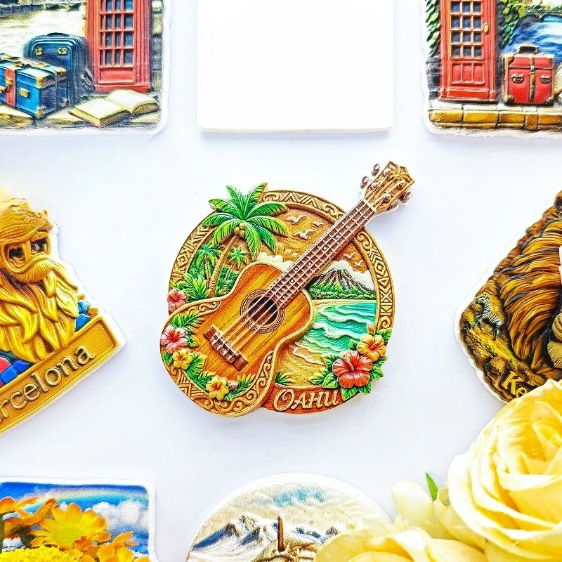 Oahu Guitar Fridge Magnet - Melodic 3D Hawaiian Souvenir Unique Pacific Island Gift for Travel & Music Decor