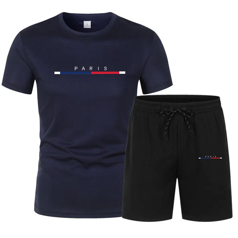 Ensemble de sport de luxe à manches courtes imprimé Paris pour hommes, ensembles de sport à séchage rapide, T-shirt et objectifs, 2 pièces, été