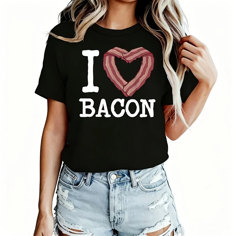 I Love Bacon Women's T-Shirt 100% Cotton Funny Graphic Short Sleeve Tee Novelty Shirt Casual Crew Neck Top S-5Xl
